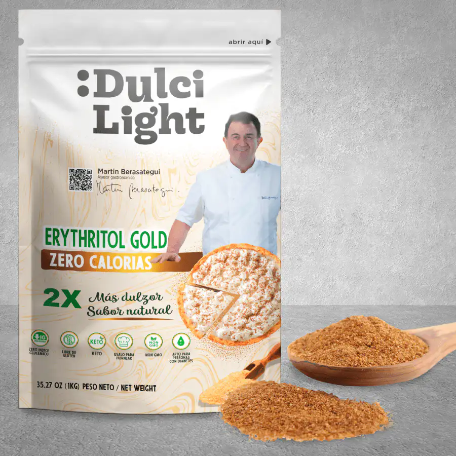 Envase de Eritritol Gold Dulcilight - Edulcorante sin calorías tipo azúcar moreno para industria alimentaria y marcas propias