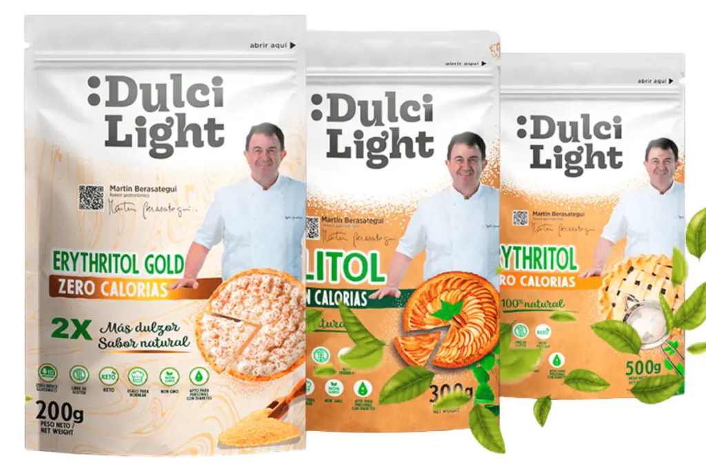 Edulcorante industrial: Erythritol Gold, Erythritol Natural y Erythritol 100% Natural en formato doypack.