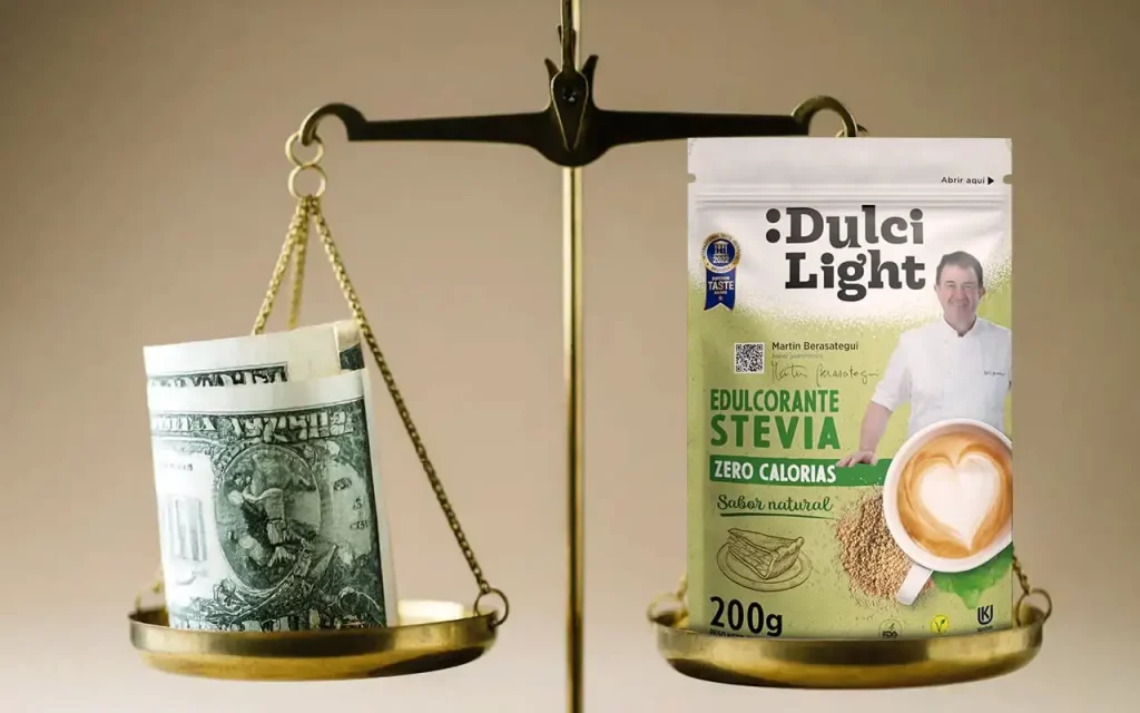 Comparación entre el valor del dinero y la calidad del edulcorante Dulcilight en una balanza.