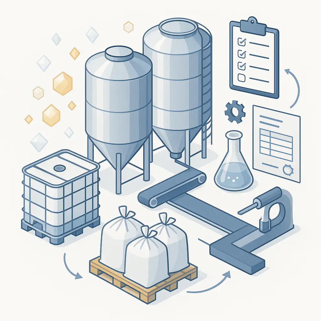 Proceso de edulcorante industrial a granel: silos, IBC y sacos en planta; imagen principal del vlog de guía B2B.