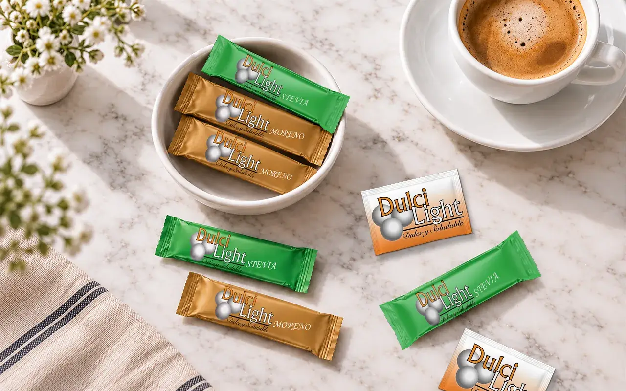 कैफ़े की मेज़ पर Dulcilight Stevia और Moreno के सिंगल-सर्व सैशे, HORECA चैनल के लिए स्वीटनर