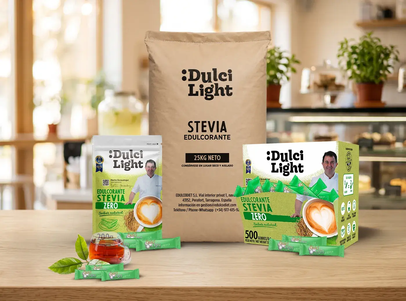 कैफ़े में Stevia Dulcilight का बोरा, डॉयपैक और सैशे का डिब्बा, पेय और डेज़र्ट के लिए औद्योगिक स्वीटनर