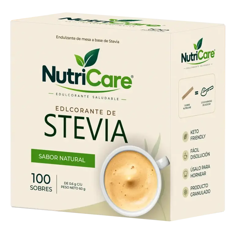 NutriCare ब्रांड के लिए प्राइवेट लेबल के रूप में बना स्टीविया स्वीटनर का डिब्बा